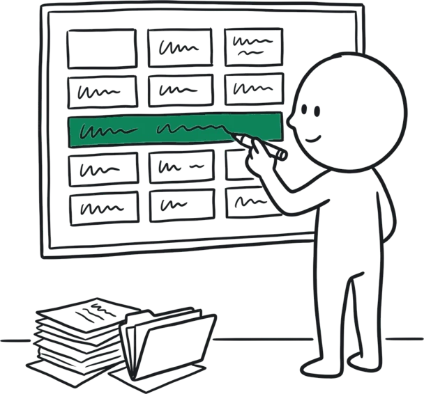 A hand-drawn figure at a whiteboard, drawing an allocation board, with a stack of loose papers and a folder on the floor beside them.