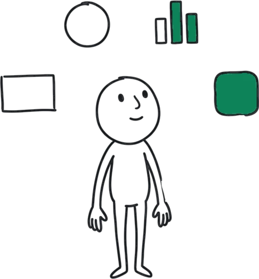 A hand-drawn figure standing among four floating shapes: a rectangle, a circle, a small bar chart and a rounded square.