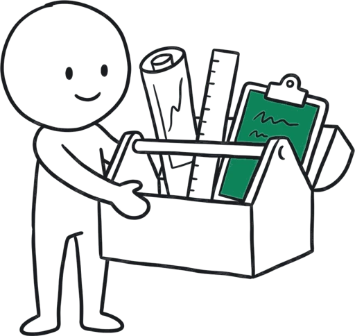 A hand-drawn figure carrying an open toolbox holding a rolled-up chart, a ruler and a clipboard with a green sheet on it.