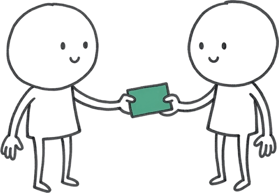 Two hand-drawn figures, one passing a card to the other.