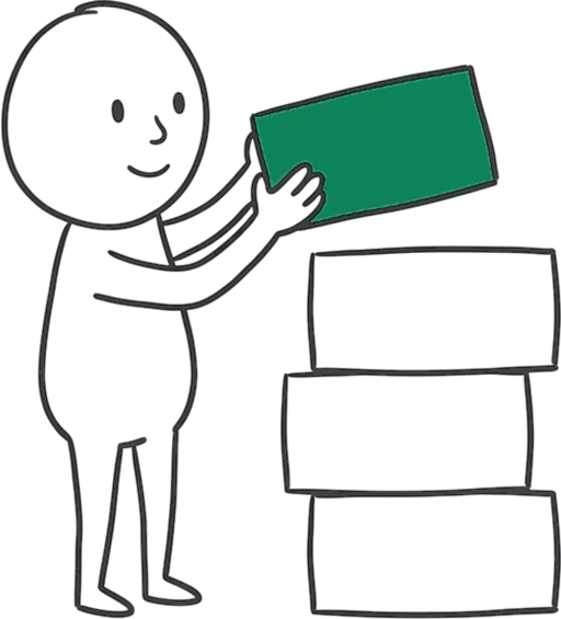 A hand-drawn figure placing a green block on top of a stack of three.