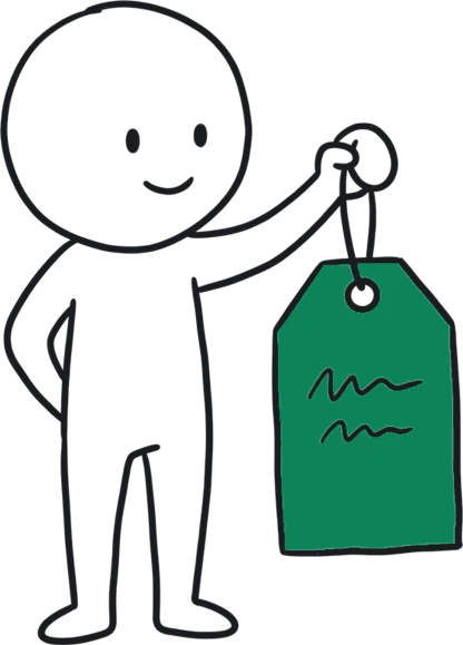 A hand-drawn figure holding up a large price tag by its string.