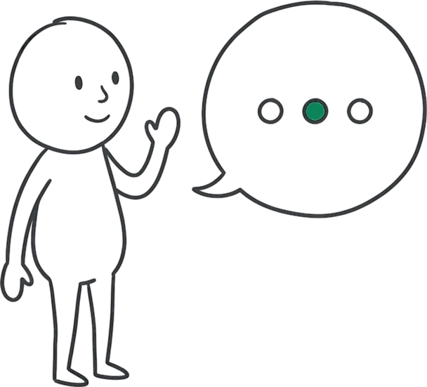 A hand-drawn figure with a hand raised beside a large speech bubble containing three dots.