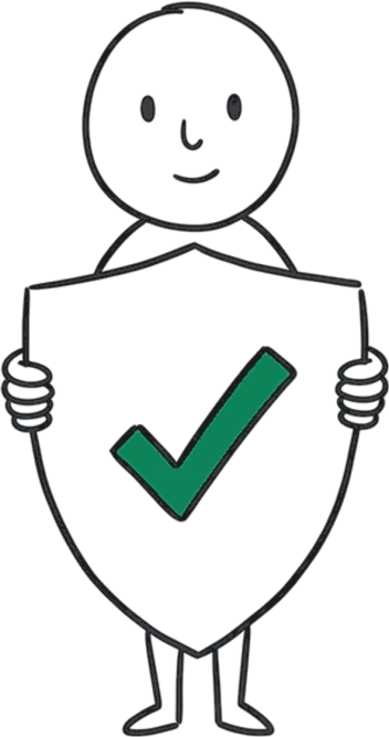 A hand-drawn figure holding a shield with a tick on it.