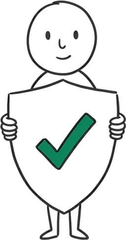 A hand-drawn figure holding a shield with a tick on it.