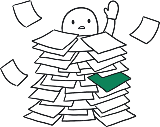 A hand-drawn figure buried up to the shoulders in a leaning stack of loose paper.